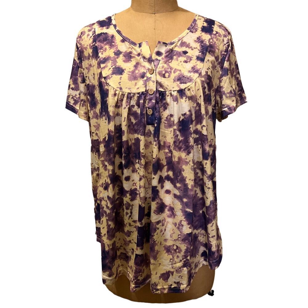 Plus Tie Dye Pleated 3 Button Casual Flowy Pullover Blouse Top NWT Size XXL